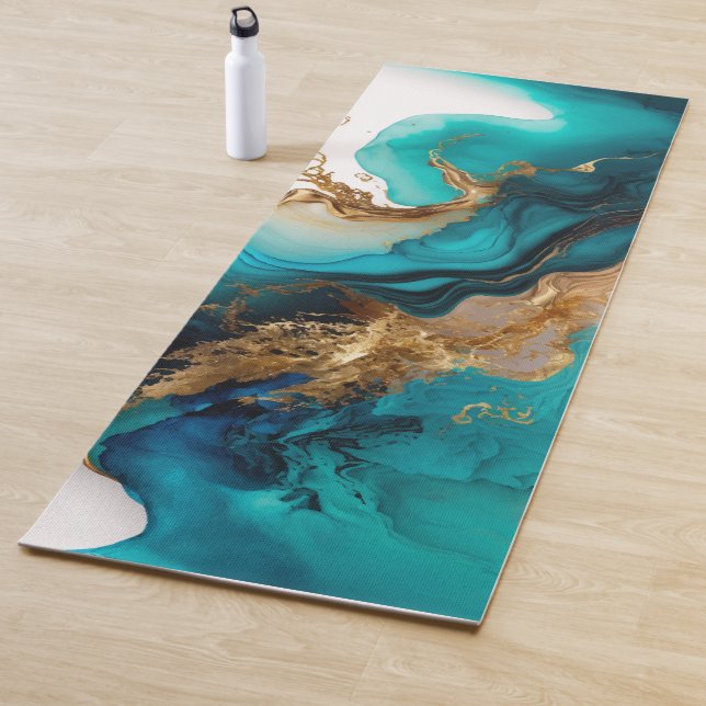 Tapete De Yoga Marble Watercolor Aqua Teal Dourado (In Situ)