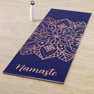 Tapete De Yoga Marinho Azul e Rosa Dourado Mandala Flower Nome Pe