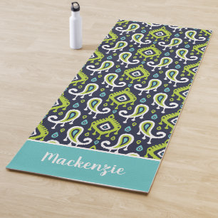 Tapete De Yoga Marinho e monograma conhecido verde de Ikat