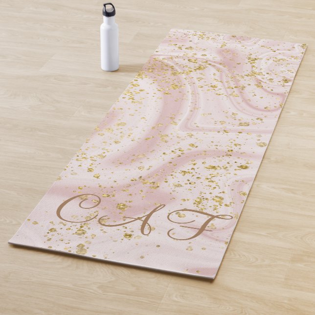 Tapete De Yoga Mármore Branco Rosa com Glitter Dourado Monogramad (In Situ)