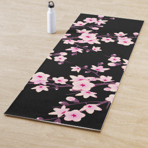 Tapete De Yoga Matriz de ioga preta cor-de-rosa com flor