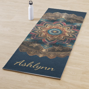 Tapete De Yoga Meditação Azul de Marinho Mandala, Flor Dourada Vi