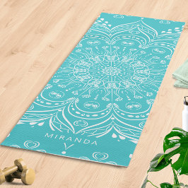 Tapete De Yoga Meditação Personalizada Teal Blue Boho Mandala