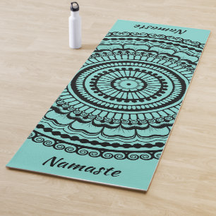 Tapete De Yoga Mehndi Henna Mandala, Teal Negro e Leve