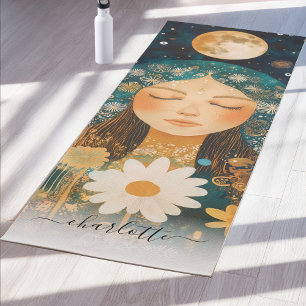 Tapete De Yoga Menina Cósmica Ilustração Boho Lua & Margarida Per