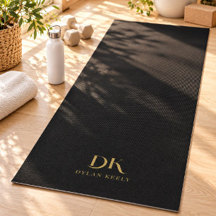 Tapete De Yoga Minimalista Elegante Monograma Preto Dourado Sofis