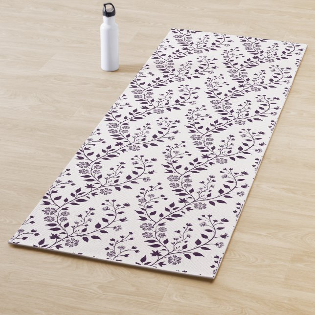Tapete De Yoga Modern Boho Floral Pattern Plum White (In Situ)