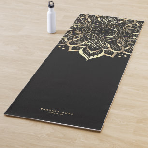 Tapete De Yoga Modern Boho Lotus Black Dourado Mandala Monograma