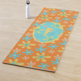 Tapete De Yoga Modern Trendy Floral Orange Yellow Cyan Monograma