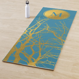 Tapete De Yoga Monograma Azul Padrão de Ramificações de Árvore Do