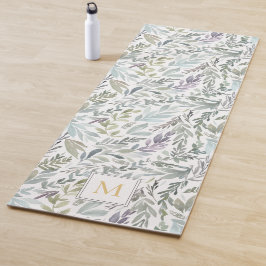 Tapete De Yoga Monograma Botânico Elegante em Aquarela Verde