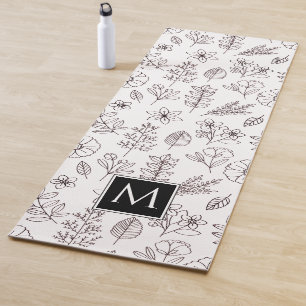 Tapete De Yoga Monograma Botânico Floral Branco Preto