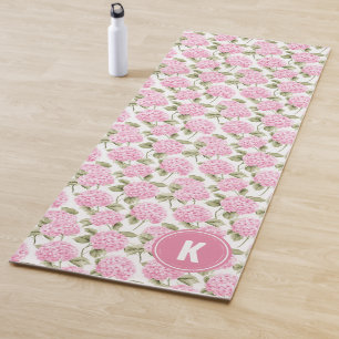 Tapete De Yoga Monograma com Padrão de Flores de Hidrangea Rosa E
