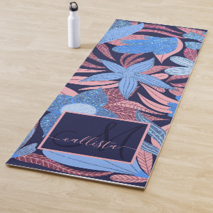 Tapete De Yoga Monograma das Folhas Florais Cor-de-Rosa Azul Past