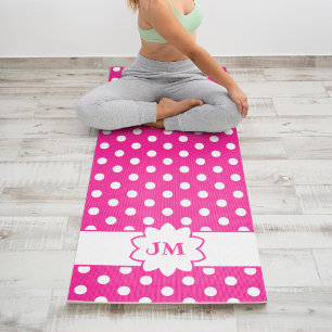 Tapete De Yoga Monograma de Bolinhas rosa-quente e branco