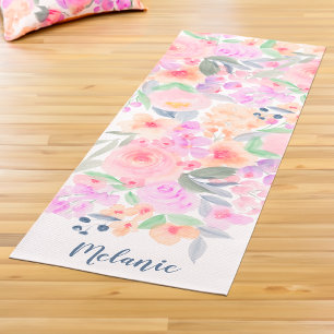 Tapete De Yoga Monograma de cor de água floral pastel moderno