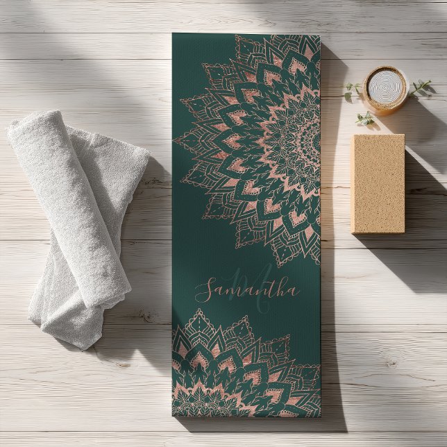Tapete De Yoga Monograma de dourado rosa verde (Green rose gold boho mandala monogram yoga mat)