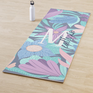 Tapete De Yoga Monograma de Ilustração Floral Cor-de-Rosa Azul Te
