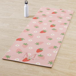 Tapete De Yoga Monograma de Morangos Vermelhos e Rosa