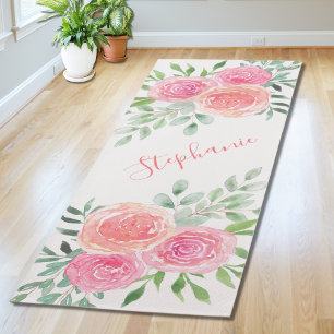 Tapete De Yoga Monograma de Nome em Aquarela Floral Pastel