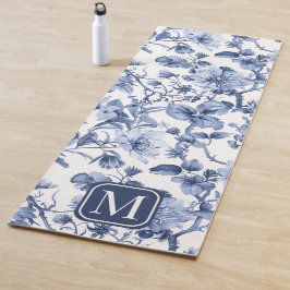 Tapete De Yoga Monograma de Padrão Toile Floral Azul Vintage