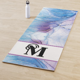 Tapete De Yoga Monograma de Tinta Azul Marmoreada Moderna
