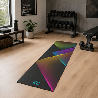 Tapete De Yoga Monograma Geométrico Neon Preto Elegante