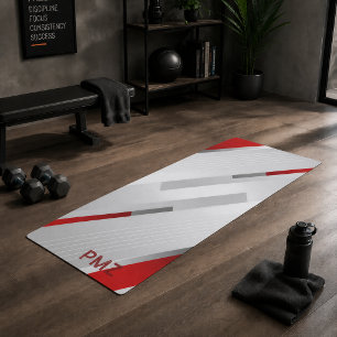 Tapete De Yoga Monograma Geométrico Vermelho Cinza Moderno