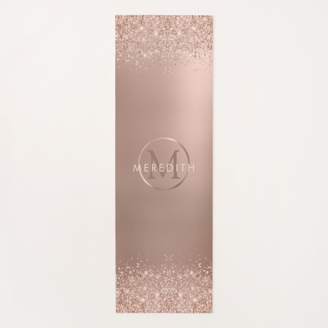 Tapete De Yoga Monograma Metálico Luxo Rosa Dourado Glitter (Frente)