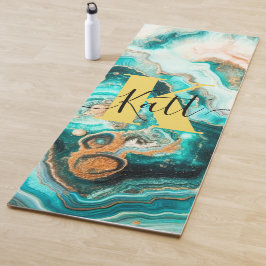 Tapete De Yoga Monograma Moderno Personalizado de Ouro Aqua Agate