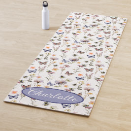 Tapete De Yoga Monograma Nome Flores Silvestres Roxo Aquarela