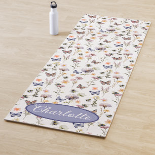 Tapete De Yoga Monograma Nome Flores Silvestres Roxo Aquarela