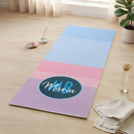 Tapete De Yoga Monograma Personalizada Rosa Pastel e Listra Azul