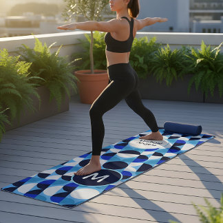 Tapete De Yoga Monograma Personalizado Bauhaus Geométrico Azul Mo