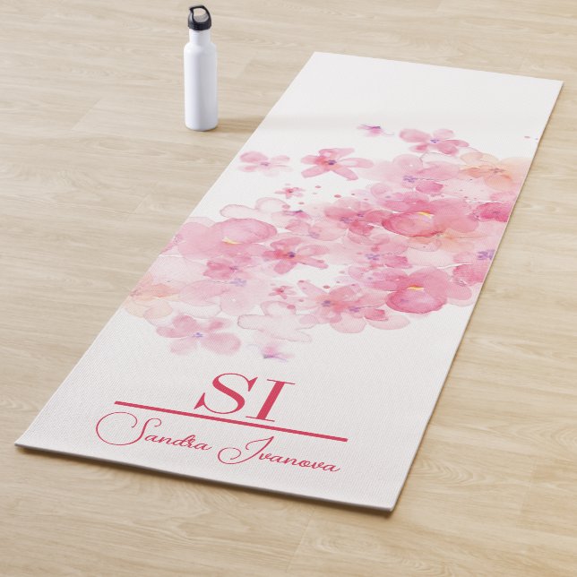 Tapete De Yoga Monograma Personalizado|Nome com Flor Rosa Moderna (In Situ)