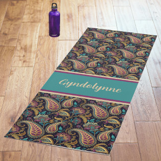 Tapete De Yoga Monograma Preto Teal Roxo Paisley Vintage Look