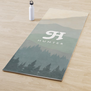 Tapete De Yoga Montanhas Boho Monograma e Azul Floresta