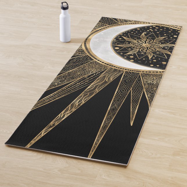 Tapete De Yoga Mystic Black Dourado Sun Moon Mandala (In Situ)