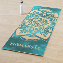 Tapete De Yoga Namaste Dourado Flor de Turquesa Mandala