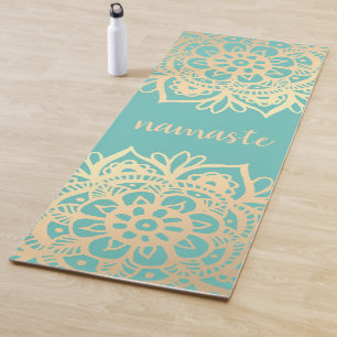 Tapete De Yoga Namaste Teal Green and Gold Mandala Flowers