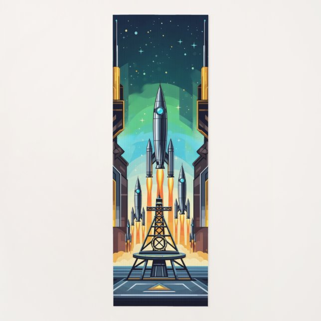 Tapete De Yoga Navio de foguete de cromo elegante que sai de um r (Frente)