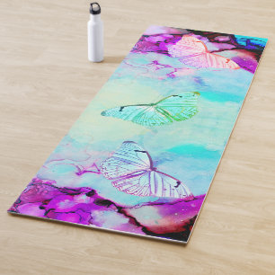 Tapete De Yoga Neon Ink Turquoise Magenta Pastel Borboletas