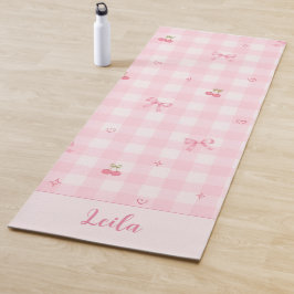 Tapete De Yoga Nome com Design de Laço de Cereja em Xadrez Rosa