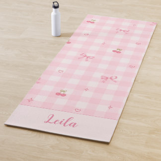 Tapete De Yoga Nome com Design de Laço de Cereja em Xadrez Rosa