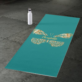 Tapete De Yoga Nome da borboleta dourada verde-teal