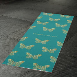Tapete De Yoga Nome das borboletas de ouro verde-teal