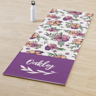 Tapete De Yoga Nome das Flores de Pêssego Roxo no script Brush