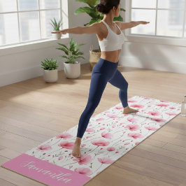 Tapete De Yoga Nome de Flor Silvestre em Aquarela Rosa