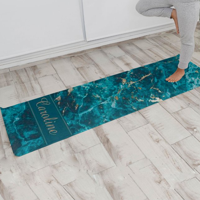 Tapete De Yoga Nome do Efeito Marble Dourado Azul Elegante do Lux (Criador carregado)