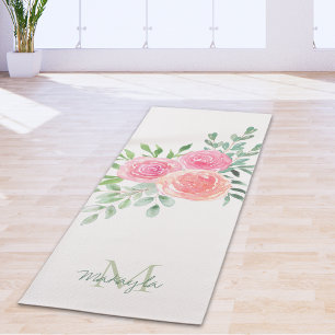 Tapete De Yoga Nome do Monograma Aquarela Floral